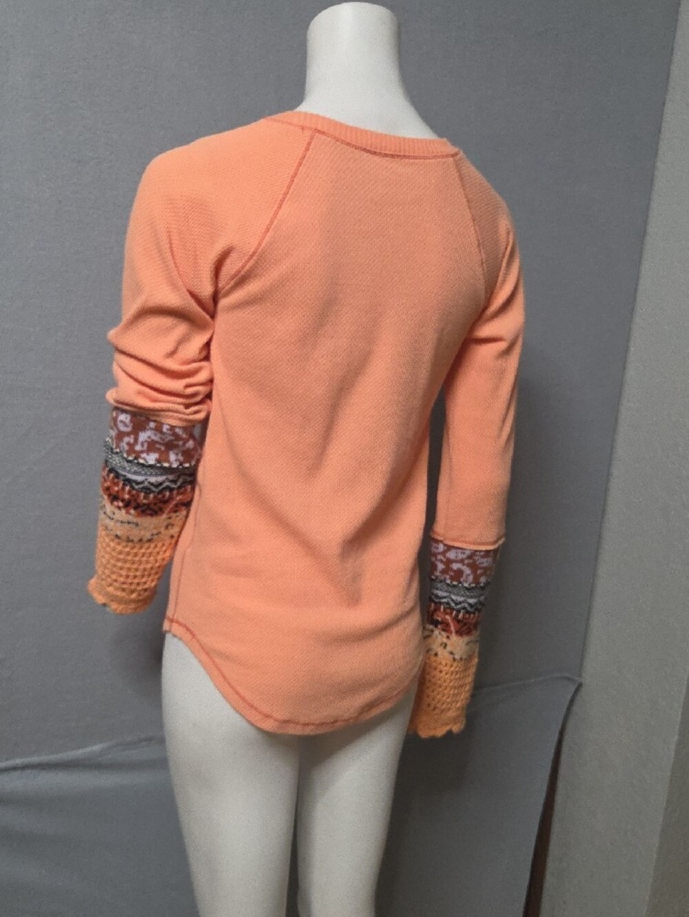 Free People Peach Crewneck Sweatshirt with Patterned Crochet Cuffs - Picture 5 of 8